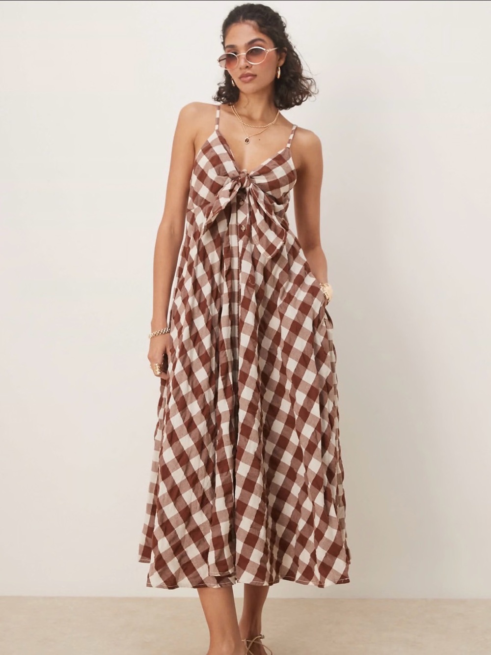Free people Via Gingham Tie-Front Midi Dress